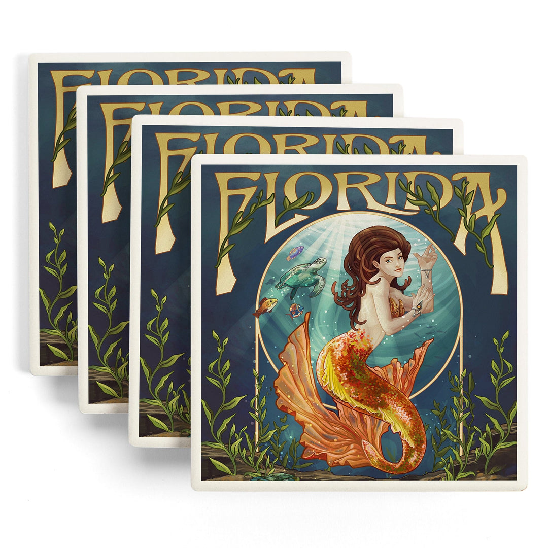 Florida, Mermaid, Lantern Press Artwork, Coaster Set - Lantern Press