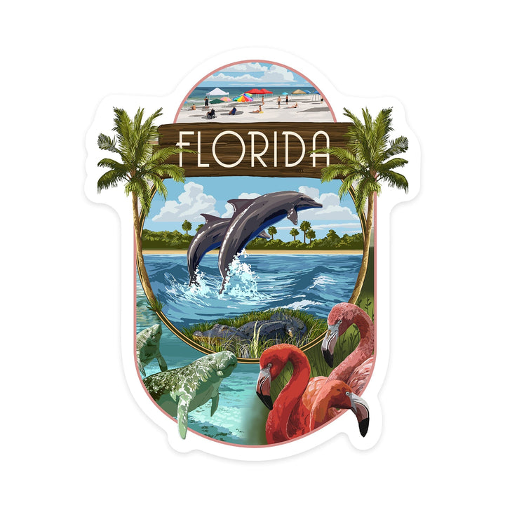 Florida, Montage, Contour, Vinyl Sticker Sticker Lantern Press 