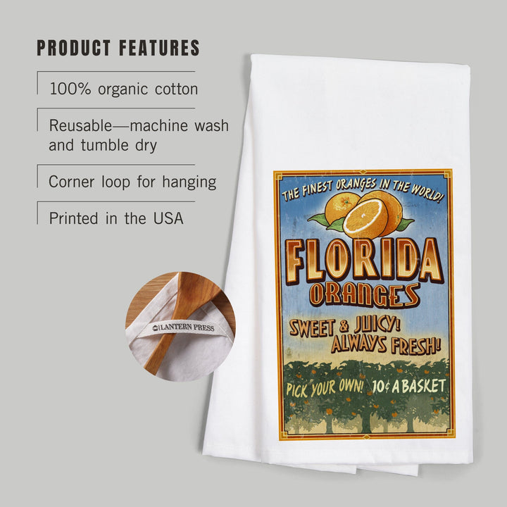 Florida, Orange Grove Vintage Sign, Organic Cotton Kitchen Tea Towels Kitchen Lantern Press 