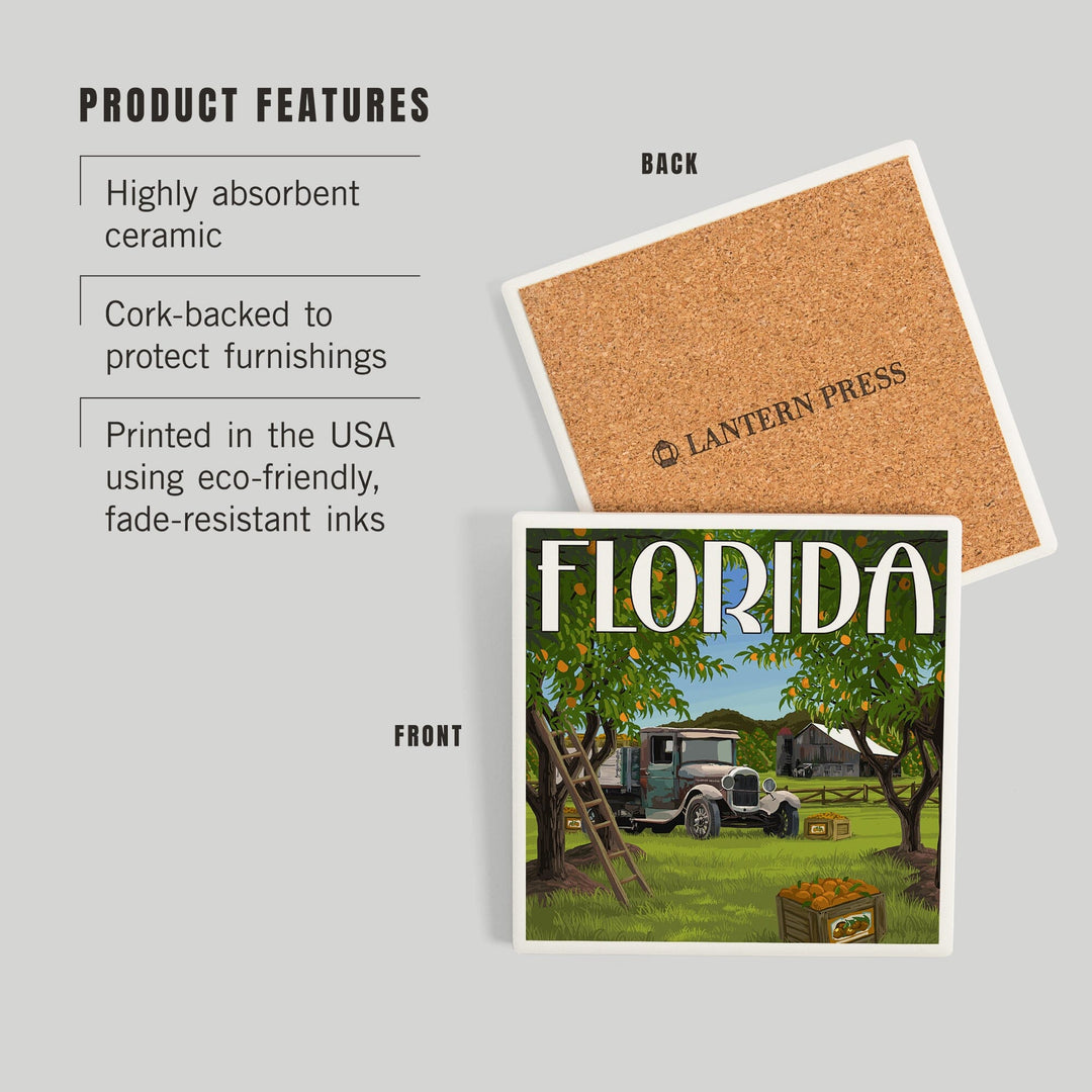 Florida, Orange Grove with Truck, Coasters Coasters Lantern Press 