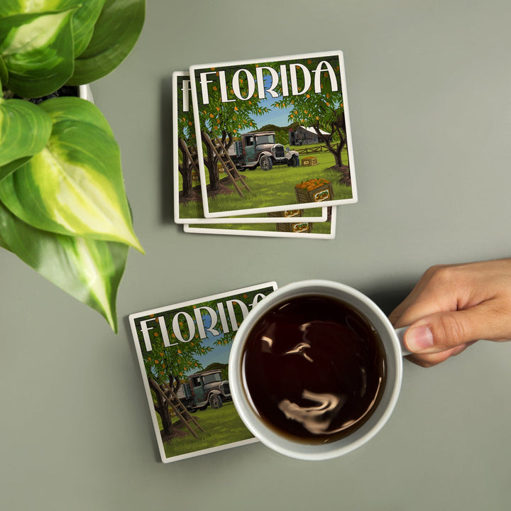 Florida, Orange Grove with Truck, Coasters Coasters Lantern Press 