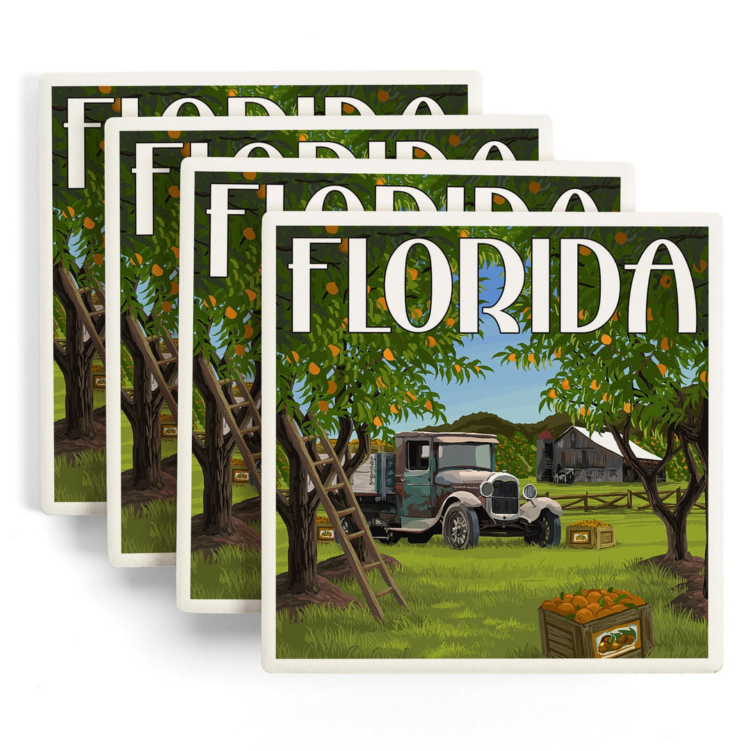 Florida, Orange Grove with Truck, Lantern Press Artwork, Coaster Set - Lantern Press