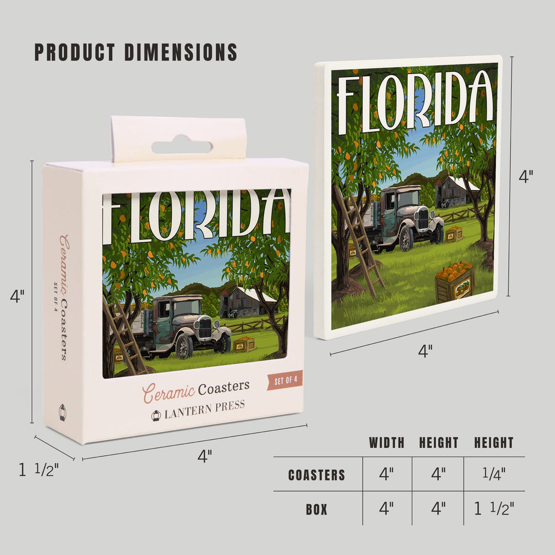 Florida, Orange Grove with Truck, Lantern Press Artwork, Coaster Set - Lantern Press