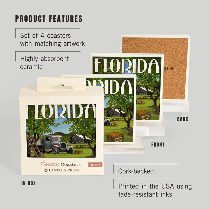 Florida, Orange Grove with Truck, Lantern Press Artwork, Coaster Set - Lantern Press