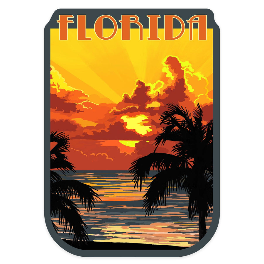 Florida, Palm Tree Sunset, Contour, Vinyl Sticker Sticker Lantern Press 