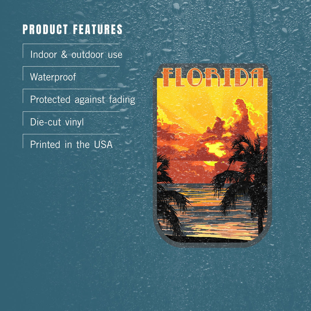 Florida, Palm Tree Sunset, Contour, Vinyl Sticker Sticker Lantern Press 