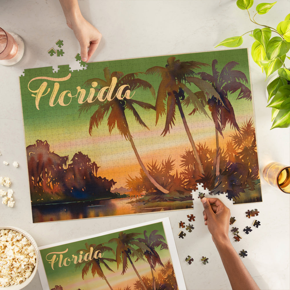 Florida, Palm Trees, Vintage Watercolor, Jigsaw Puzzle Puzzle Lantern Press 