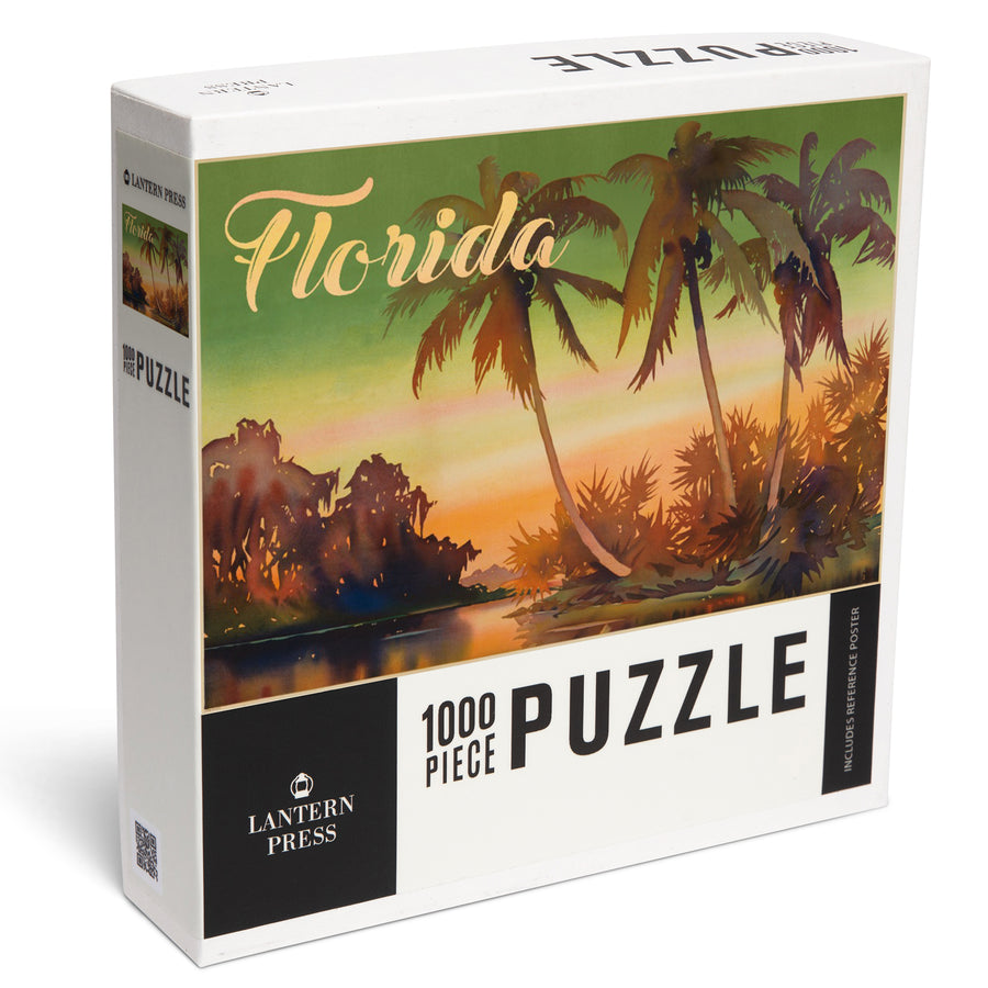 Florida, Palm Trees, Vintage Watercolor, Jigsaw Puzzle Puzzle Lantern Press 