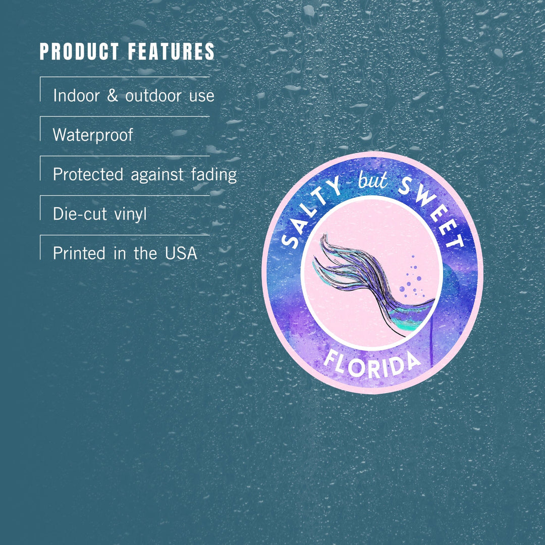 Florida, Salty But Sweet, Mermaid Tale, Contour, Vinyl Sticker Sticker Lantern Press 