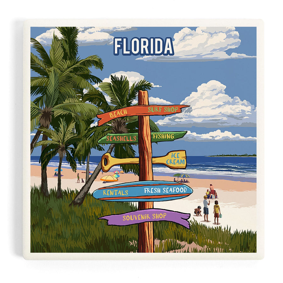 Florida, Signpost, Coast Beach with Palms, Coasters Coasters Lantern Press 