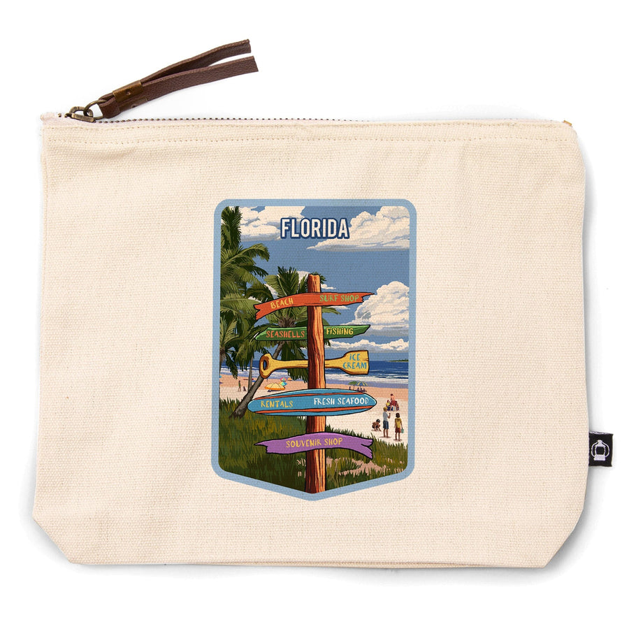 Florida, Signpost, Coast Beach with Palms,, Organic Cotton Zipper Pouch, Go Bag Totes Lantern Press 