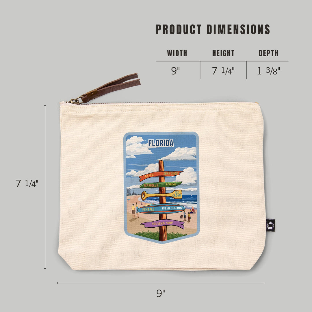 Florida, Signpost, East Coast Beach with Pier,, Organic Cotton Zipper Pouch, Go Bag Totes Lantern Press 