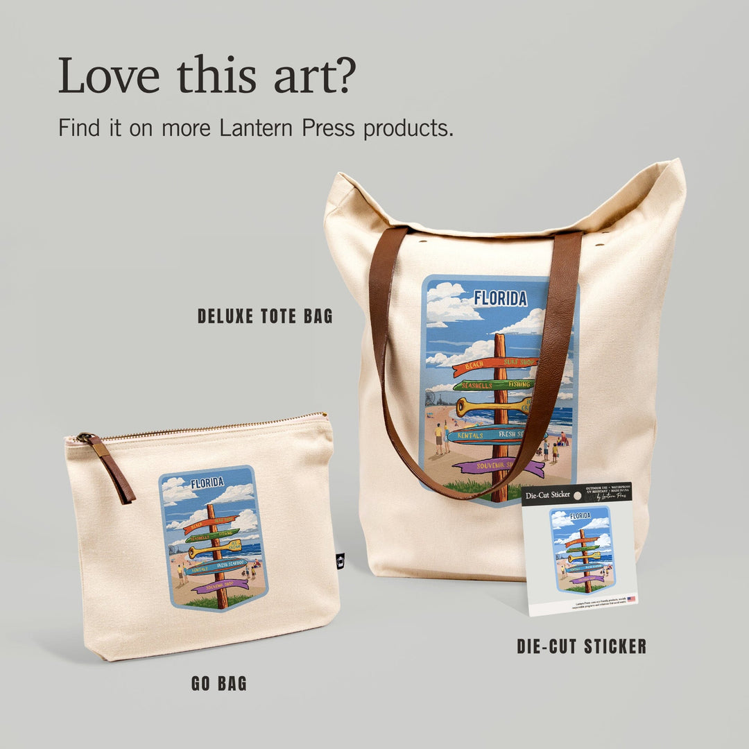Florida, Signpost, East Coast Beach with Pier,, Organic Cotton Zipper Pouch, Go Bag Totes Lantern Press 