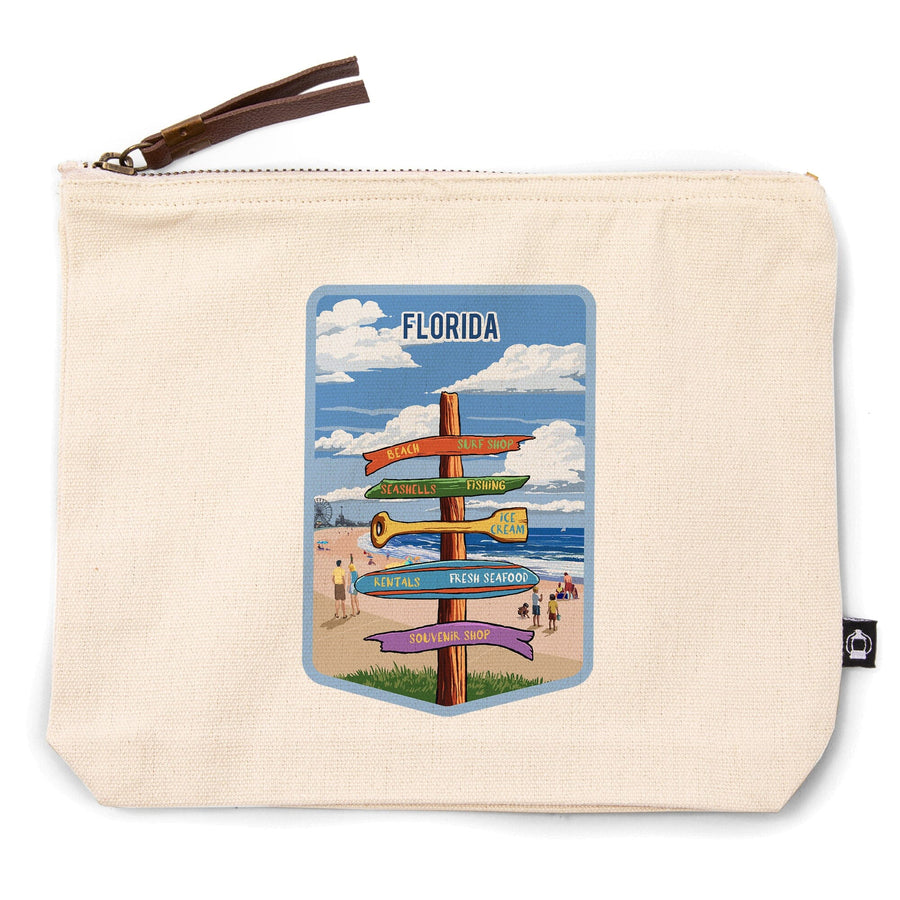 Florida, Signpost, East Coast Beach with Pier,, Organic Cotton Zipper Pouch, Go Bag Totes Lantern Press 