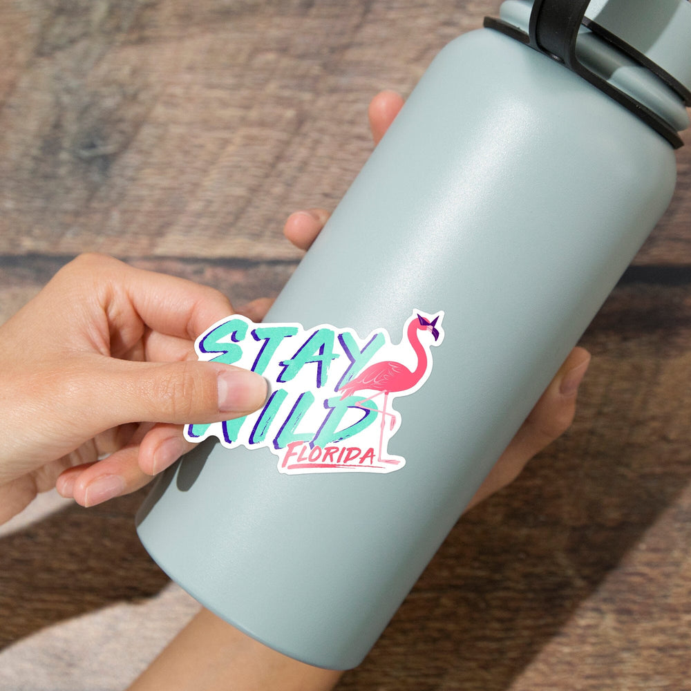 Florida, Stay Wild, Flamingo and State, Contour, Vinyl Sticker - Lantern Press