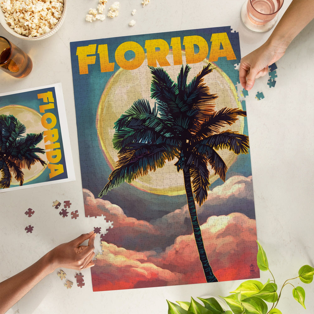 Florida, Sunset and Palm Tree, Jigsaw Puzzle Puzzle Lantern Press 