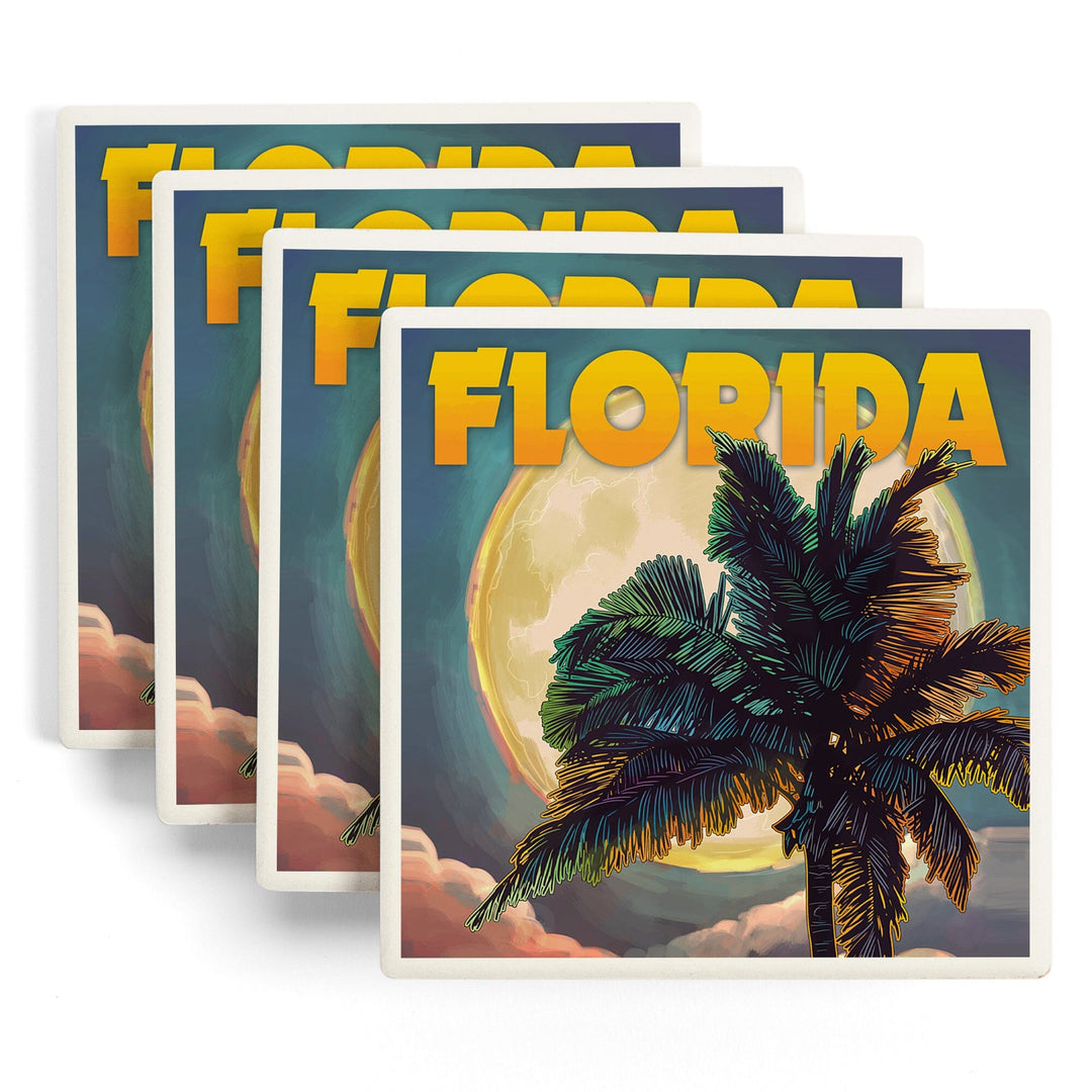 Florida, Sunset and Palm Tree, Lantern Press Artwork, Coaster Set - Lantern Press