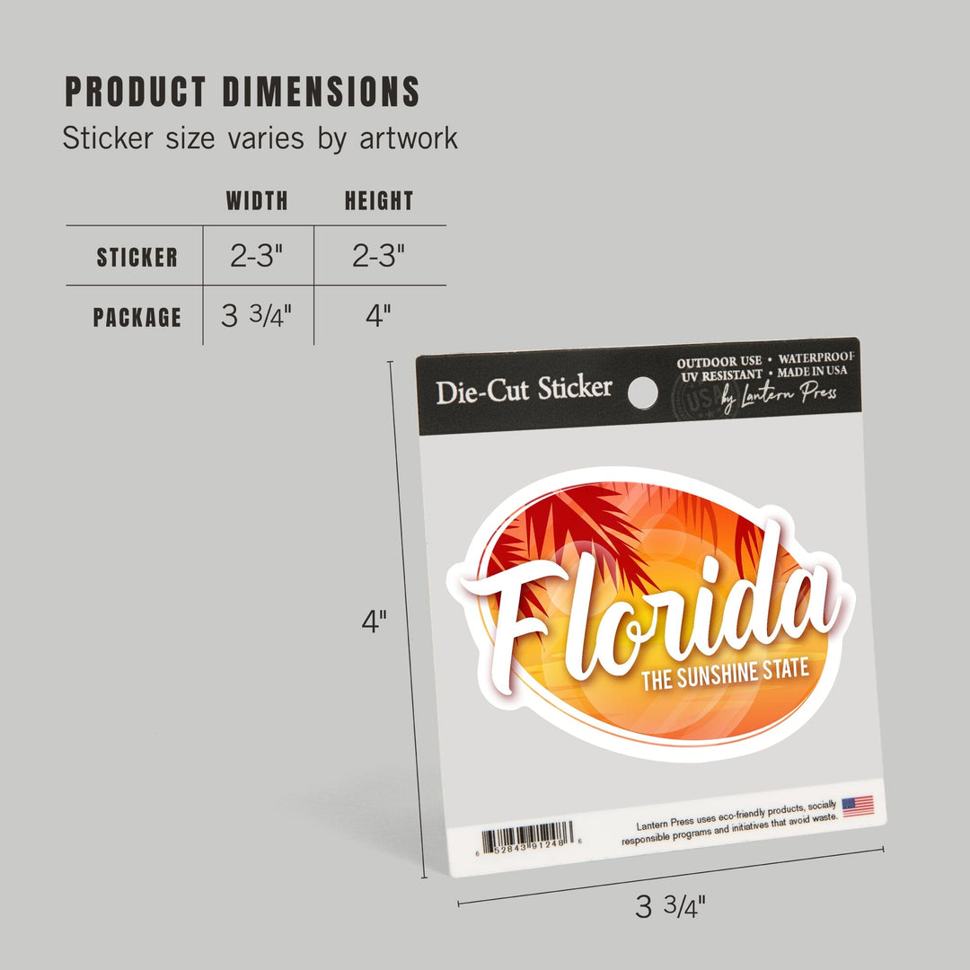 Florida, Sunshine State, Palm Trees and Sunset, Contour, Vinyl Sticker - Lantern Press