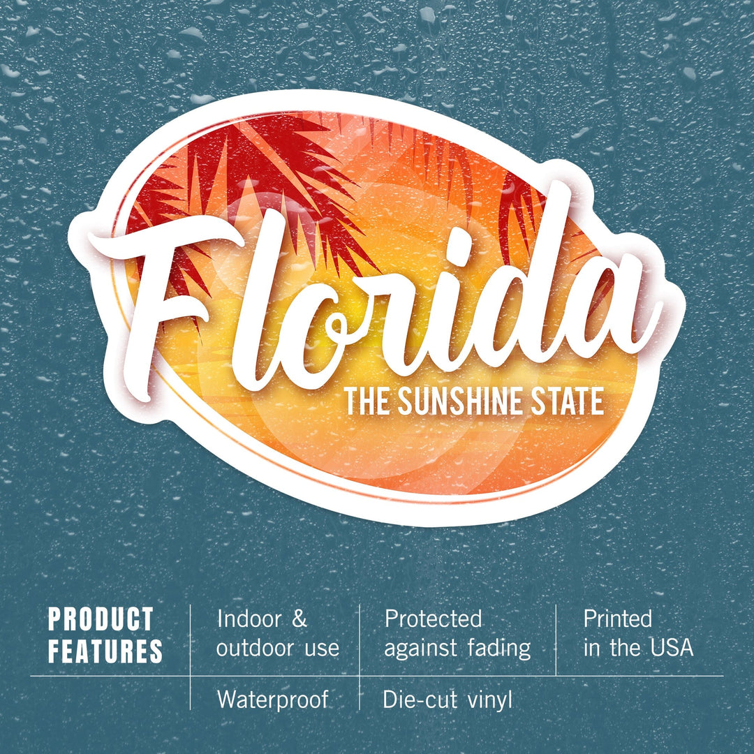 Florida, Sunshine State, Palm Trees and Sunset, Contour, Vinyl Sticker - Lantern Press