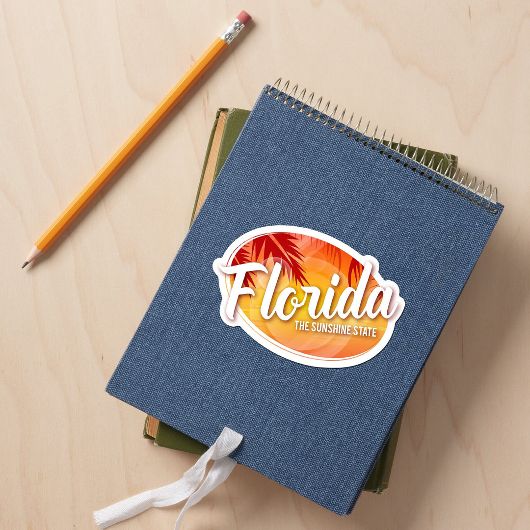 Florida, Sunshine State, Palm Trees and Sunset, Contour, Vinyl Sticker - Lantern Press