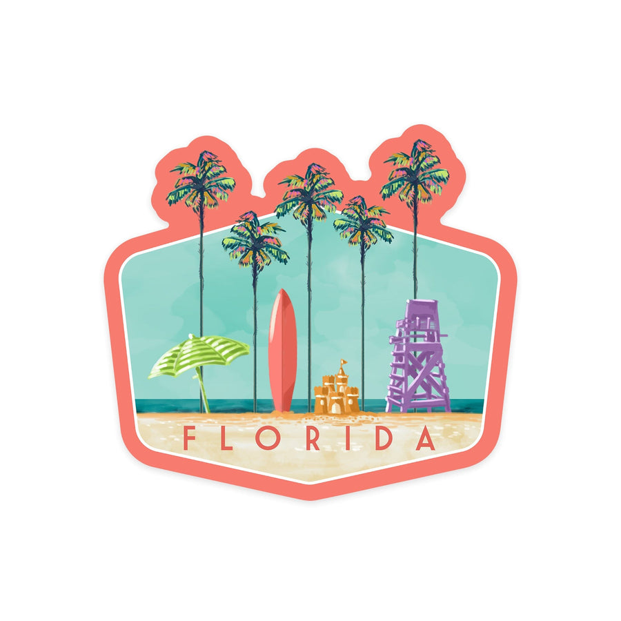 Florida, Tall Palms Beach Scene, Contour, Vinyl Sticker - Lantern Press