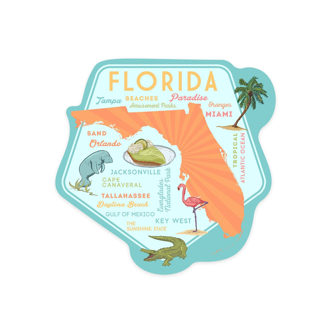 Florida, Typography and Icons, Contour, Vinyl Sticker Sticker Lantern Press 