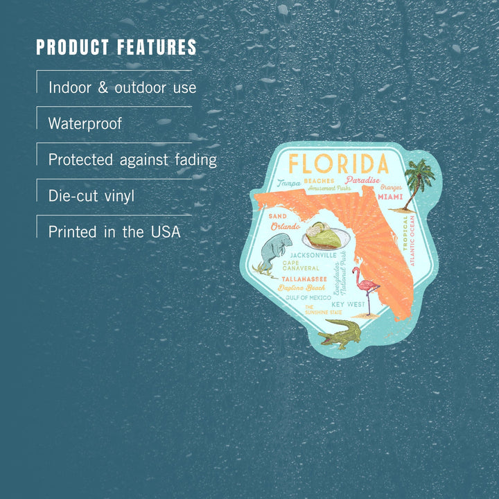 Florida, Typography and Icons, Contour, Vinyl Sticker Sticker Lantern Press 