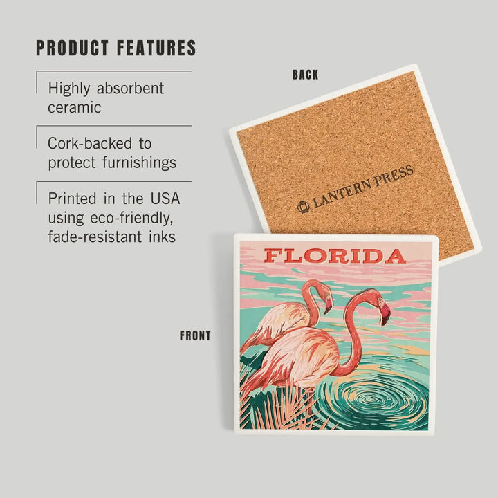 Florida, Vintage Print Press, Flamingo, Coasters Coasters Lantern Press 