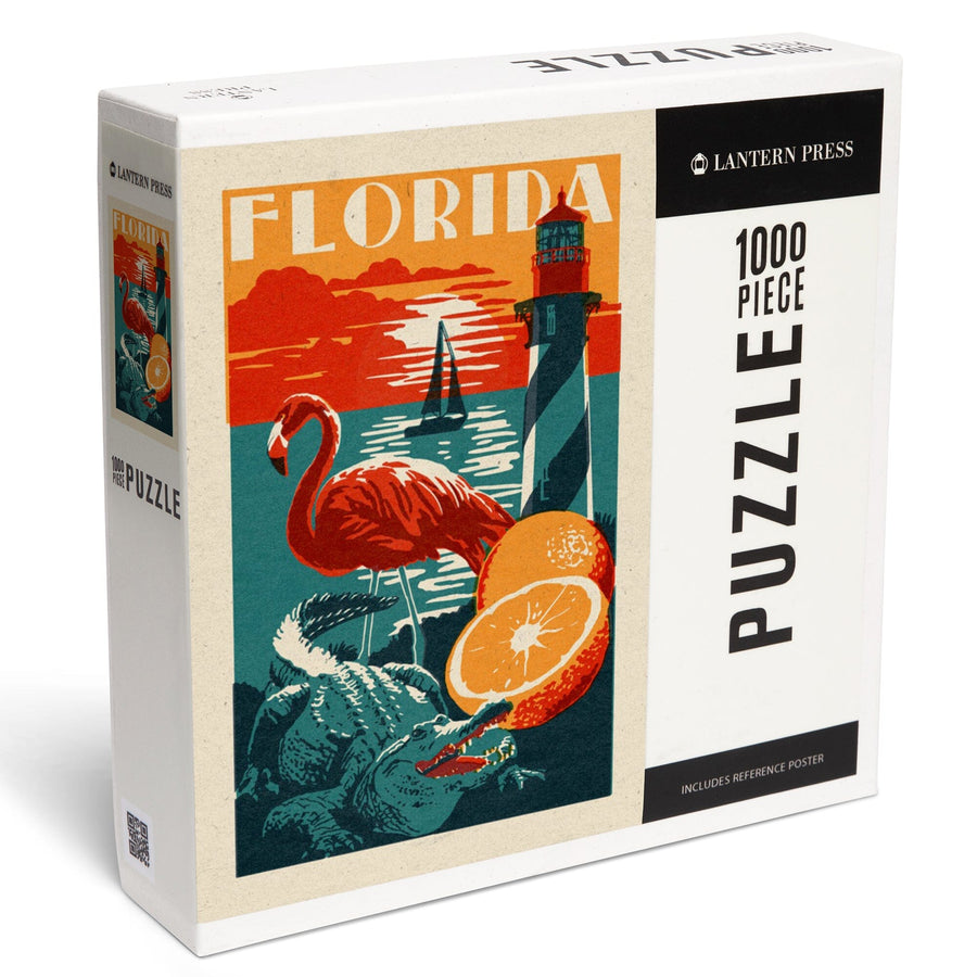 Florida, Woodblock, Jigsaw Puzzle Puzzle Lantern Press 