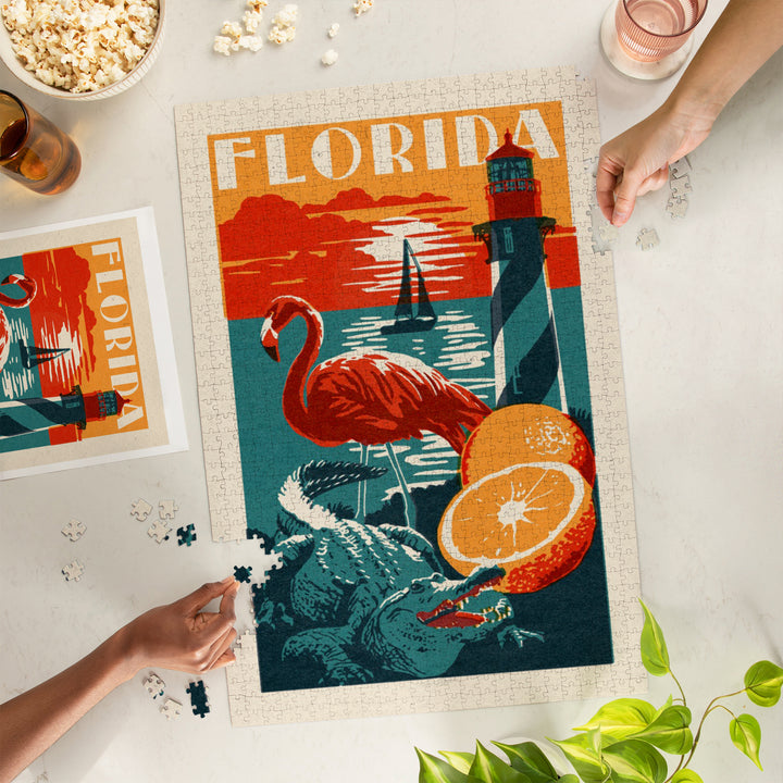 Florida, Woodblock, Jigsaw Puzzle Puzzle Lantern Press 