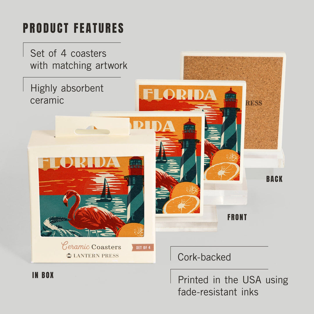 Florida, Woodblock, Lantern Press Artwork, Coaster Set - Lantern Press