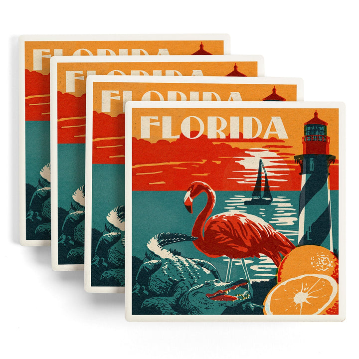 Florida, Woodblock, Lantern Press Artwork, Coaster Set - Lantern Press