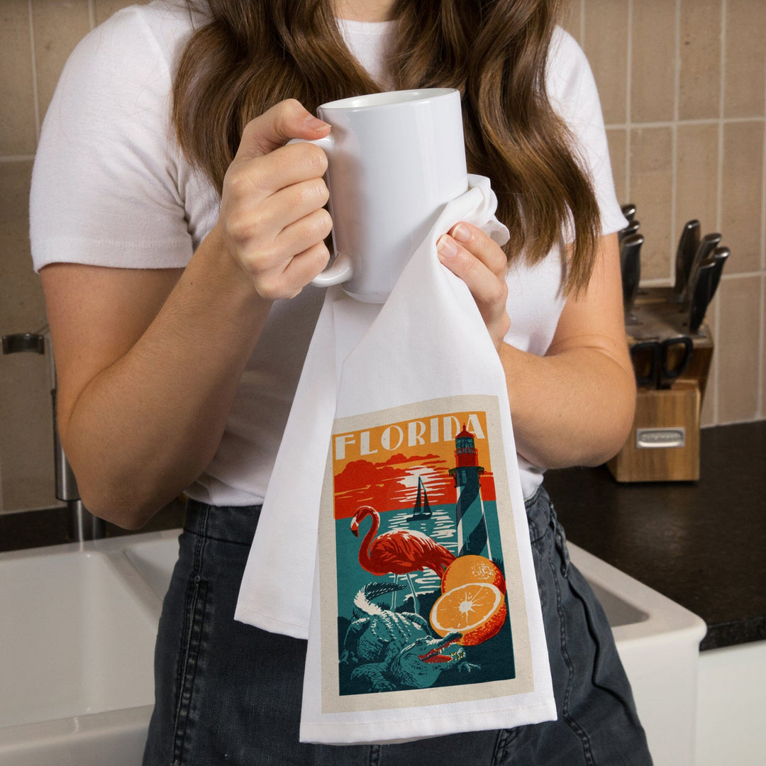 Florida, Woodblock, Organic Cotton Kitchen Tea Towels Kitchen Lantern Press 
