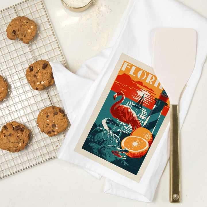 Florida, Woodblock, Organic Cotton Kitchen Tea Towels Kitchen Lantern Press 