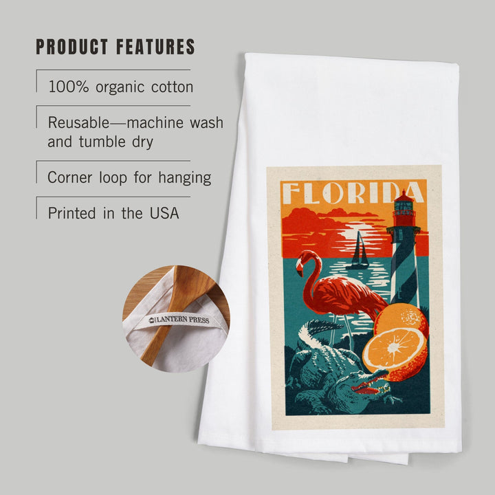 Florida, Woodblock, Organic Cotton Kitchen Tea Towels Kitchen Lantern Press 