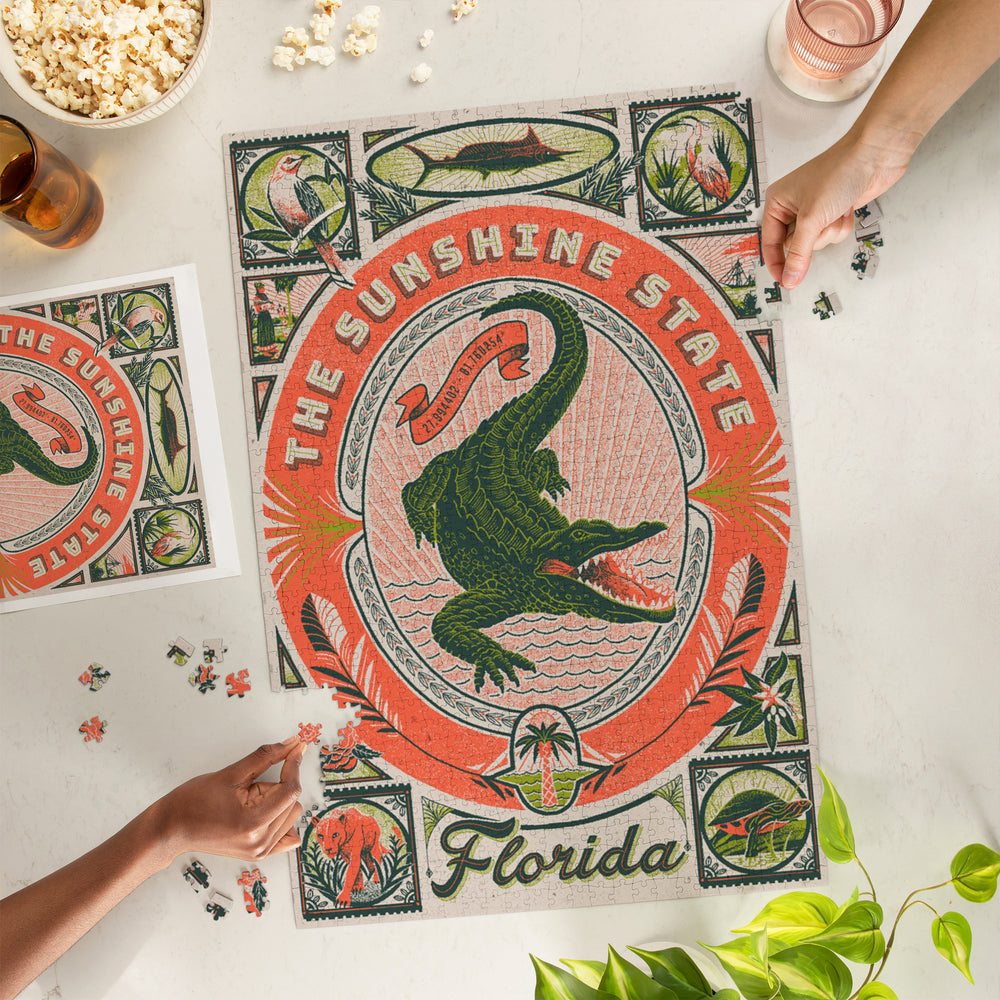 Florida, Woodcut Menagerie Series, The Sunshine State, Jigsaw Puzzle Puzzle Lantern Press 