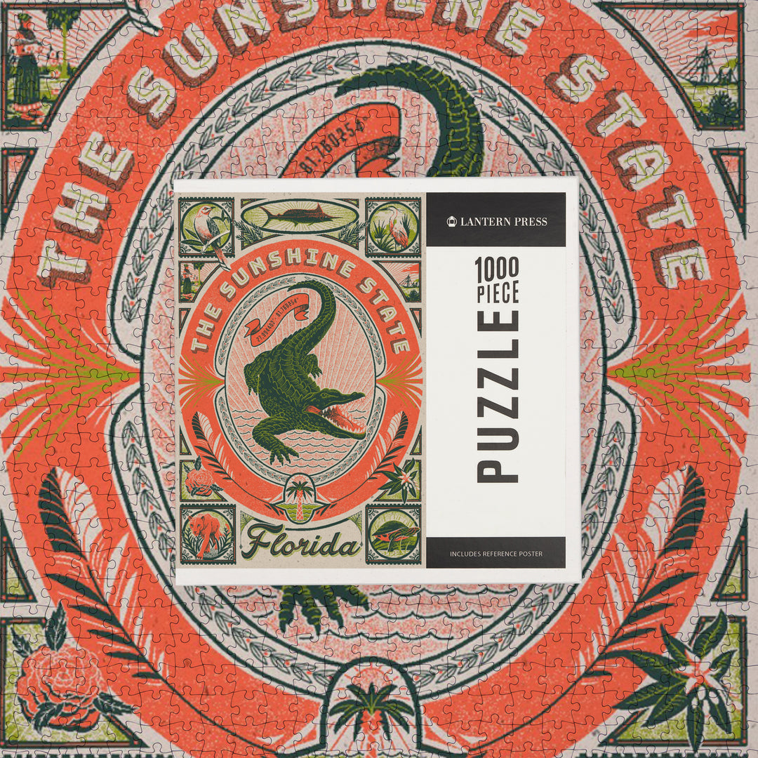 Florida, Woodcut Menagerie Series, The Sunshine State, Jigsaw Puzzle Puzzle Lantern Press 