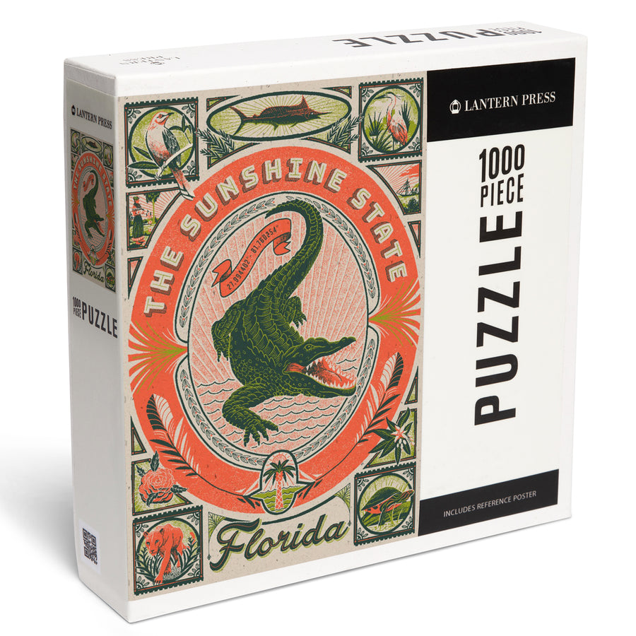 Florida, Woodcut Menagerie Series, The Sunshine State, Jigsaw Puzzle Puzzle Lantern Press 