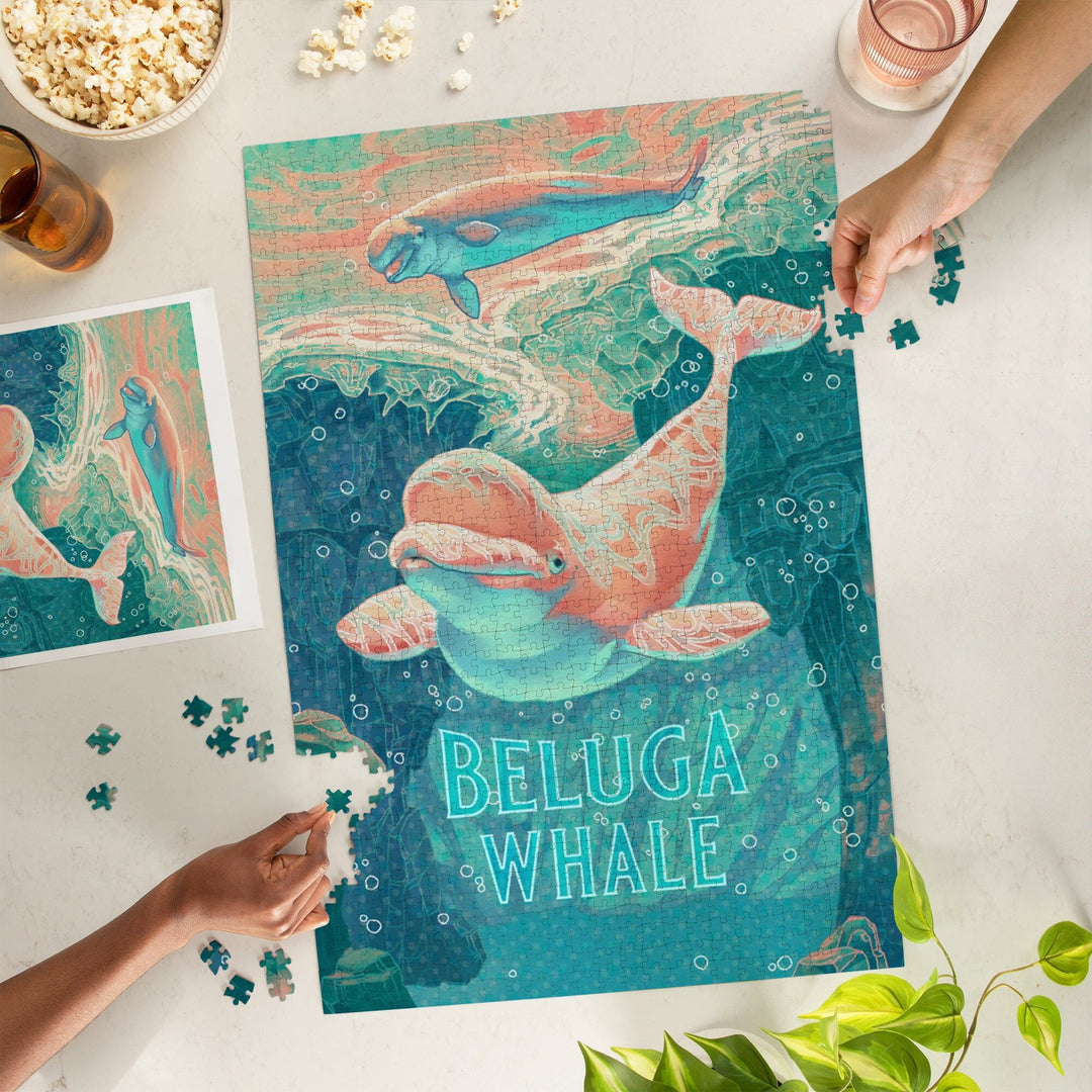 Fluid Linework, Beluga Whale, Jigsaw Puzzle Puzzle Lantern Press 