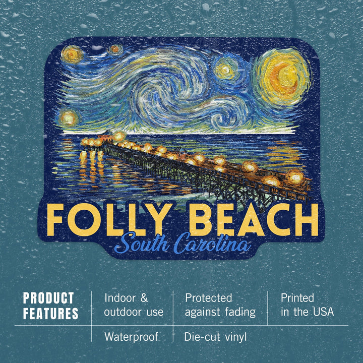 Folly Beach, South Carolina, Folly Beach Pier, Starry Night, Contour, Lantern Press Artwork, Vinyl Sticker Sticker Lantern Press 