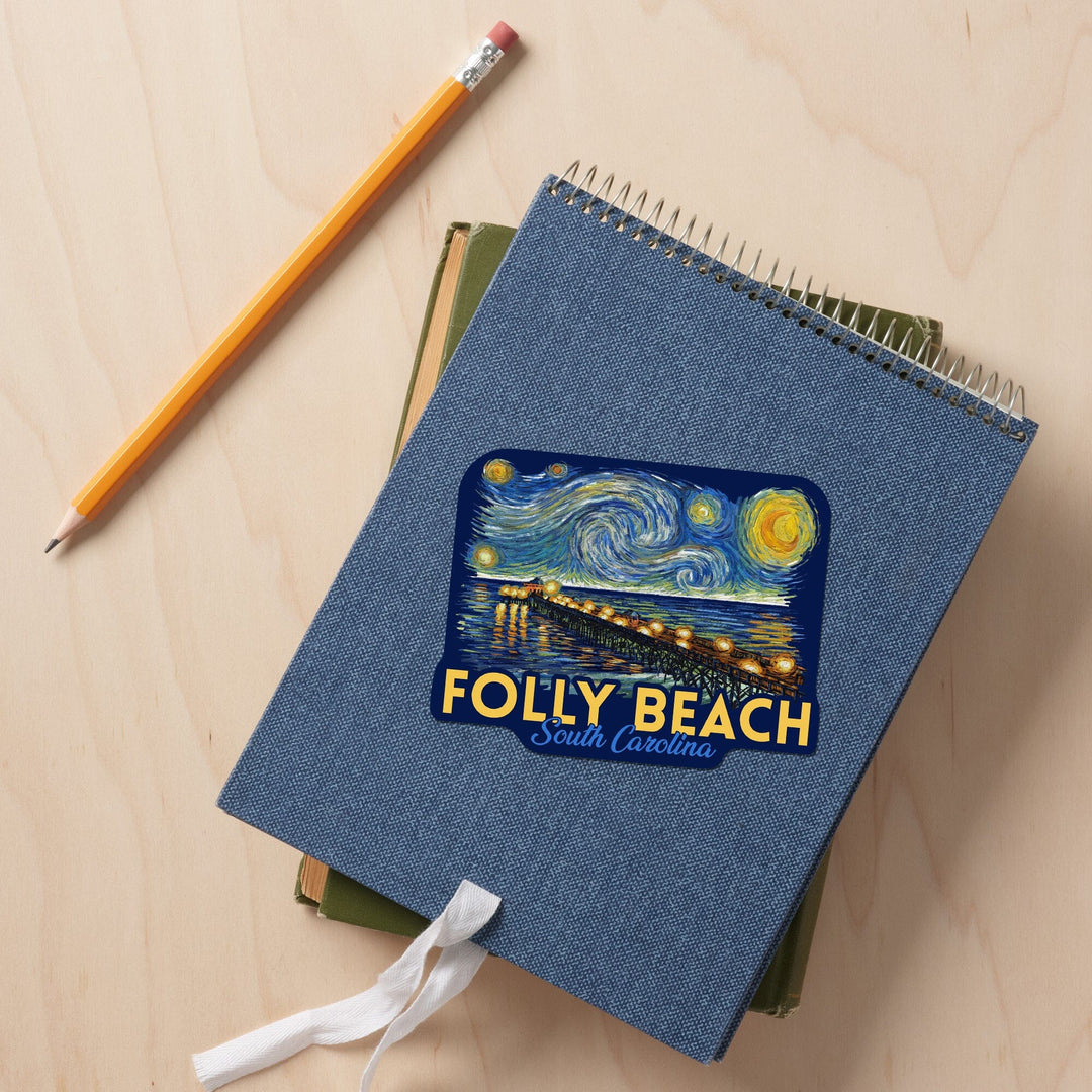 Folly Beach, South Carolina, Folly Beach Pier, Starry Night, Contour, Lantern Press Artwork, Vinyl Sticker Sticker Lantern Press 