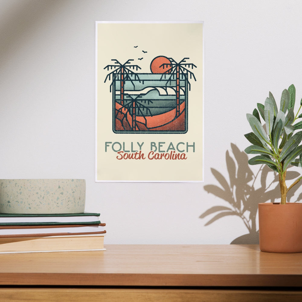 Folly Beach, South Carolina, Palm Trees and Beach Scene, Block Lines, Art & Giclee Prints Art Lantern Press 