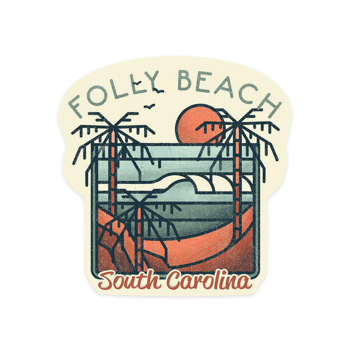 Folly Beach, South Carolina, Palm Trees & Beach Scene, Block Lines, Contour, Lantern Press Artwork, Vinyl Sticker Sticker Lantern Press 