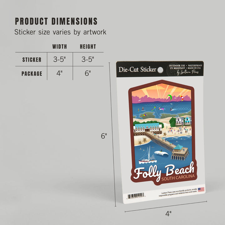 Folly Beach, South Carolina, Retro Style, Contour, Lantern Press Artwork, Vinyl Sticker Sticker Lantern Press 