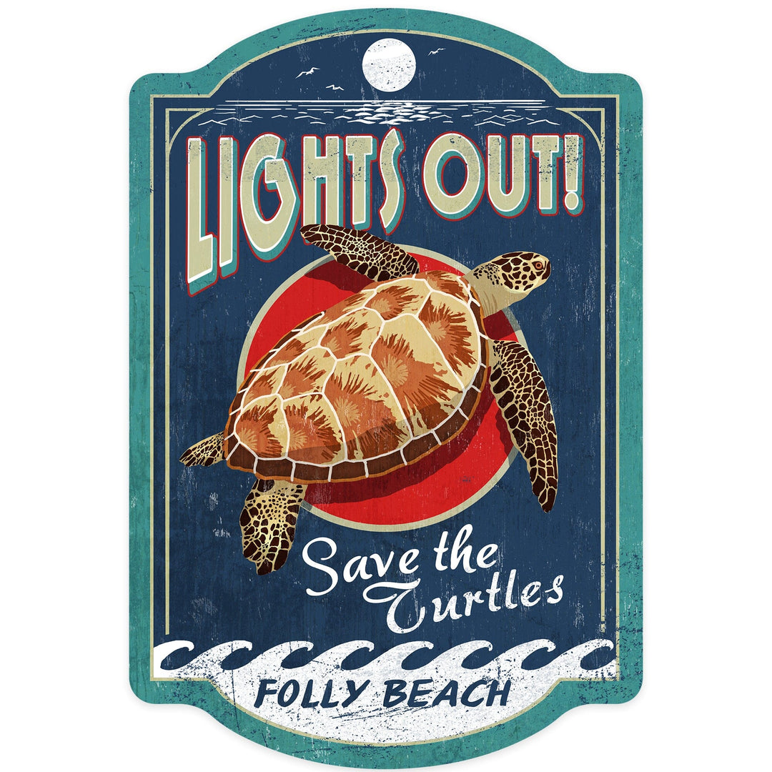 Folly Beach, South Carolina, Sea Turtle Vintage Sign, Contour, Lantern Press Artwork, Vinyl Sticker Sticker Lantern Press 