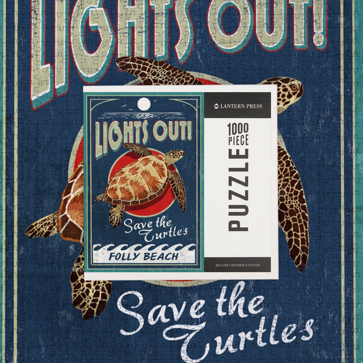 Folly Beach, South Carolina, Sea Turtle Vintage Sign, Jigsaw Puzzle Puzzle Lantern Press 