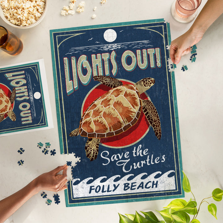 Folly Beach, South Carolina, Sea Turtle Vintage Sign, Jigsaw Puzzle Puzzle Lantern Press 