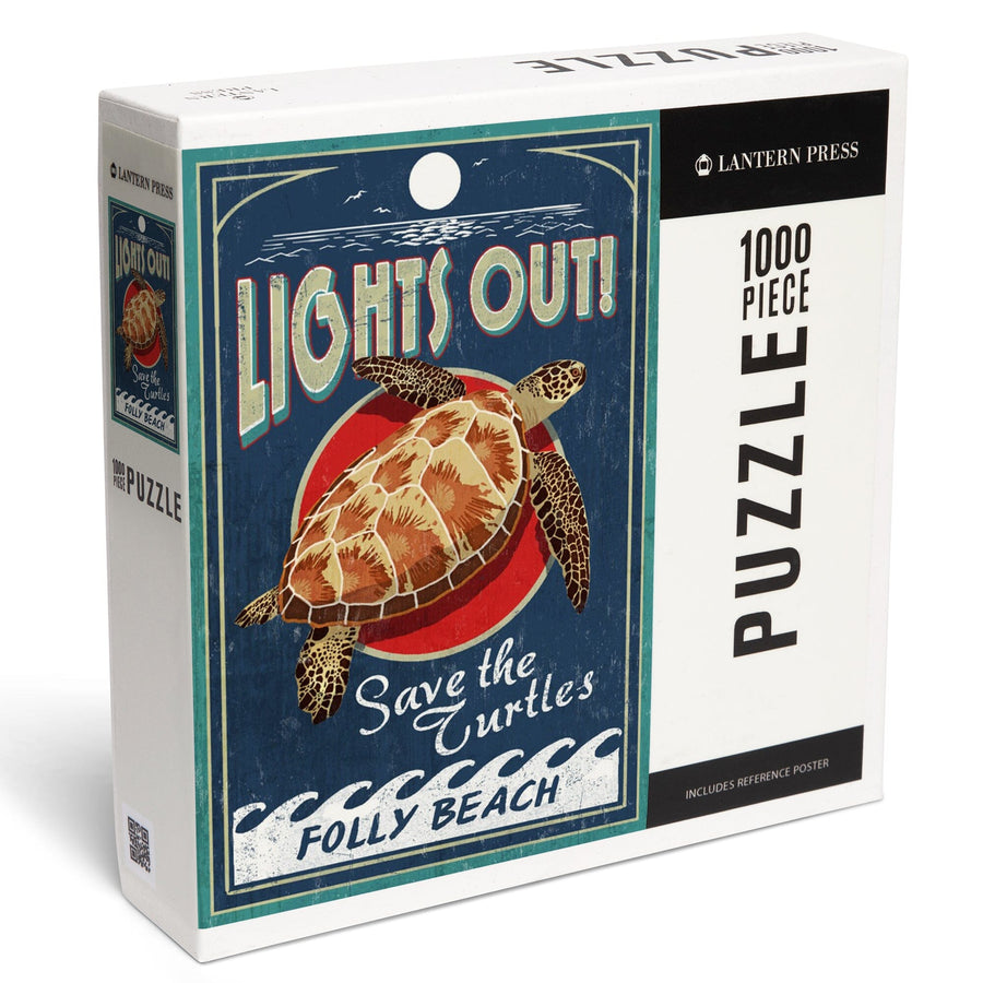 Folly Beach, South Carolina, Sea Turtle Vintage Sign, Jigsaw Puzzle Puzzle Lantern Press 