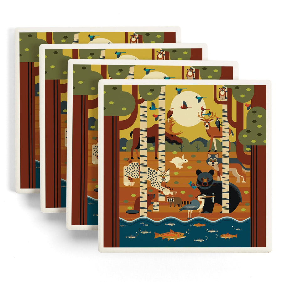 Forest Animals, Geometric, Lantern Press Artwork, Coaster Set - Lantern Press