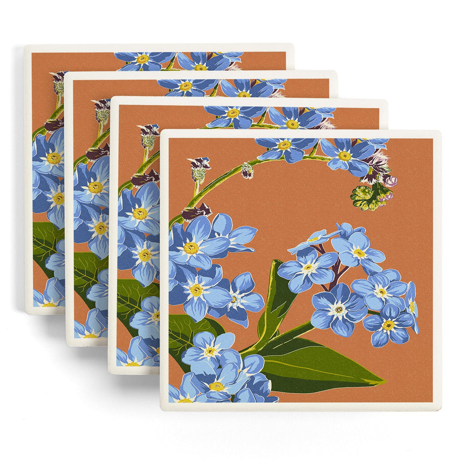 Forget-Me-Nots, Letterpress, Lantern Press Artwork, Coaster Set - Lantern Press